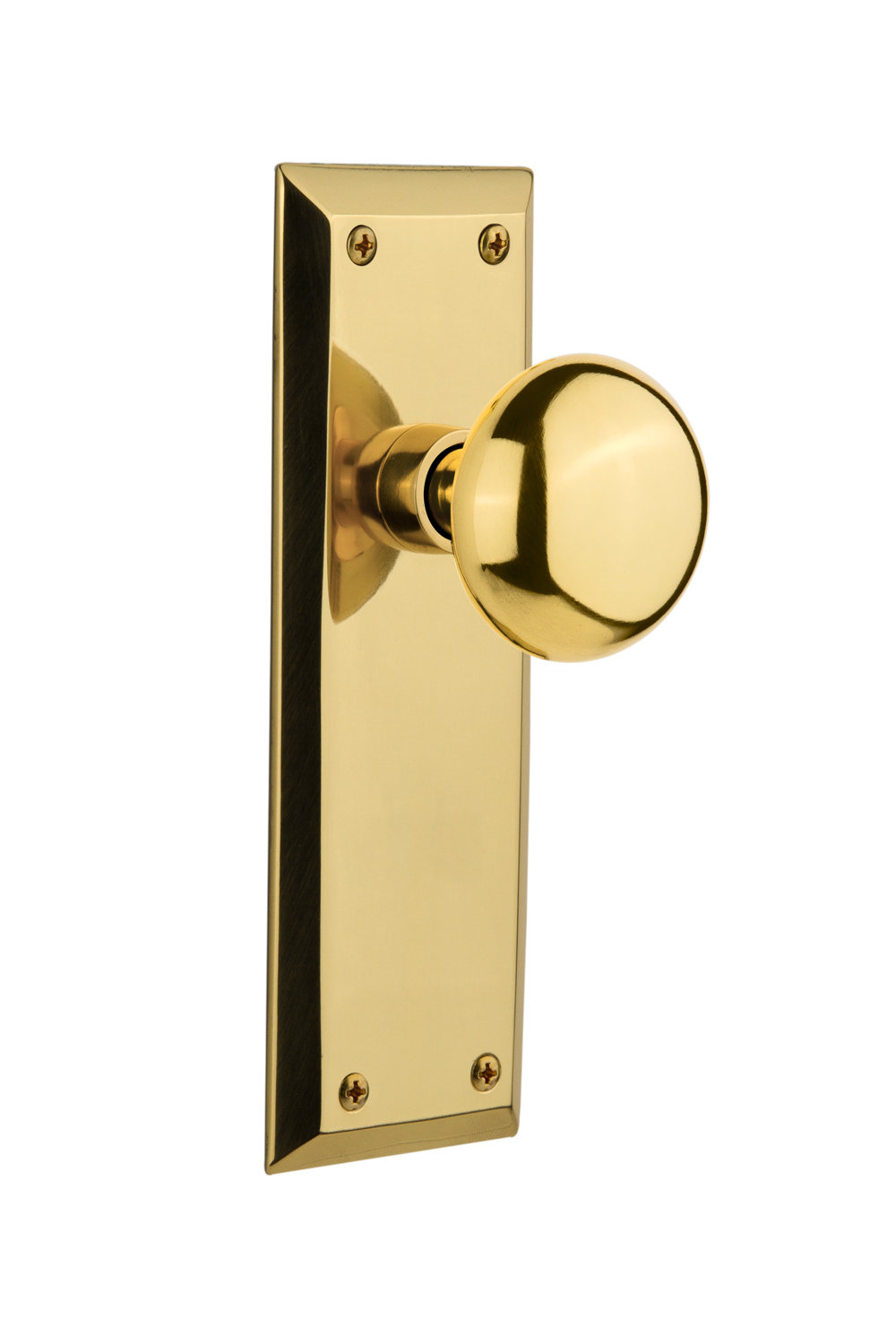 New York Door Knob with Plate, Polished Brass, 2-3/4”