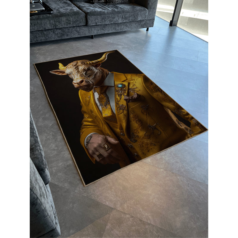 Tapis noir à motif de chèvre, Rectangle 5 pi 1,02 po x 7 pi 6,55 po