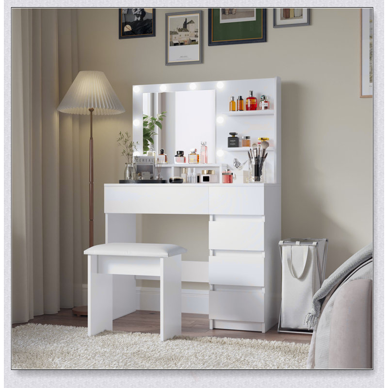 Makeup Vanity Desk Set With Hollywood Mirror, Adjustable LED Lighting, And Ample Storage, Perfect For Home Or Salon Use