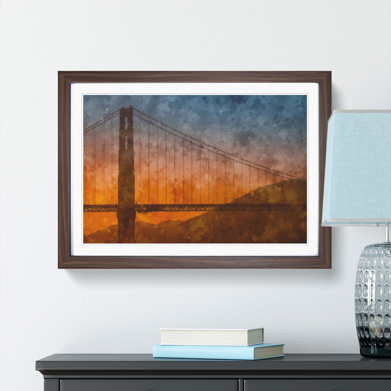 Sunset over Golden Gate Bridge - Picture Frame Painting Print, 33cm H x 45cm W x 2cm D, Walnut Framed