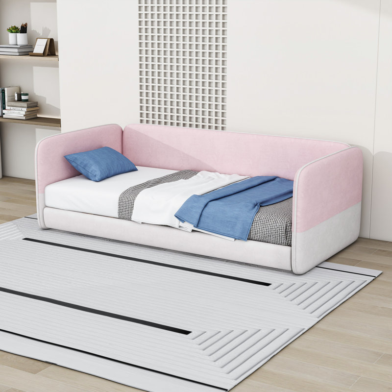 Twin Velvet Upholstered Daybed with Protective Side Rails, Pink