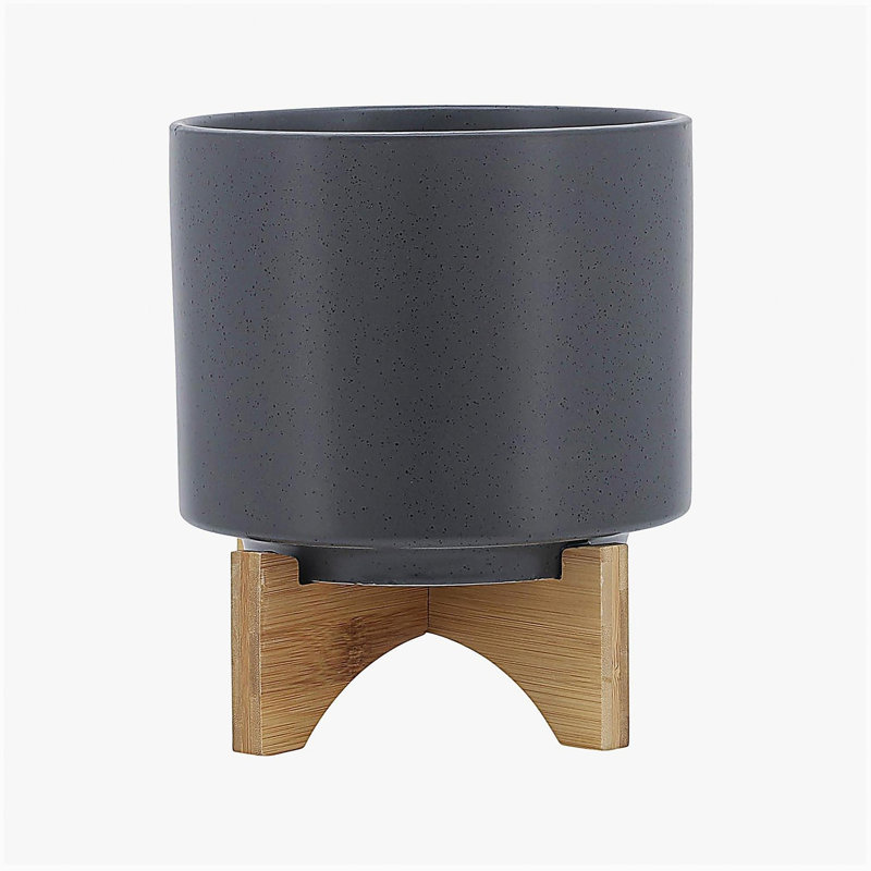 8" PLANTER W/ WOOD STAND, MATTE GRAY, 9" H x 8" W x 8" D