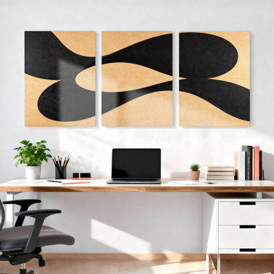 Abstrait noir et or à motif de vagues tendues sur toile tendue sur toile, ensemble de 3