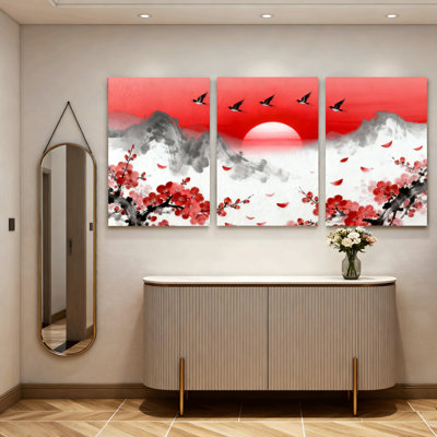 «Red Plum Blossom and Mountain Landscape», reproduction d'art sur toile tendue à l'encre de Chine (ensemble de 3)
