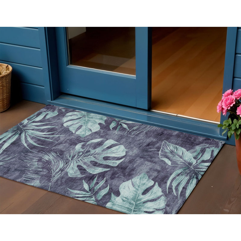 Tapis intérieur/extérieur lavable à motifs floraux bleus et vert menthe 90 x 150 cm