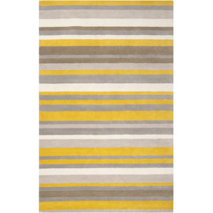 Tapis rayé en laine fabriqué à la main gris / brun / jaune