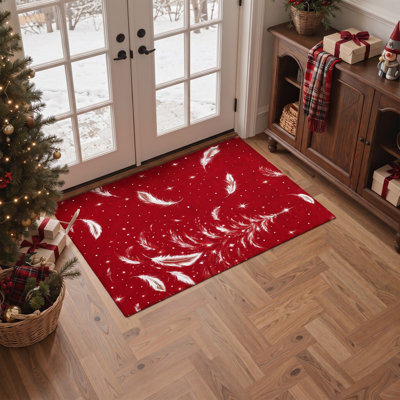 Tapis de salon lavable à poils courts, motif animaux de Noël plumes et flocons de neige, rouge et blanc
