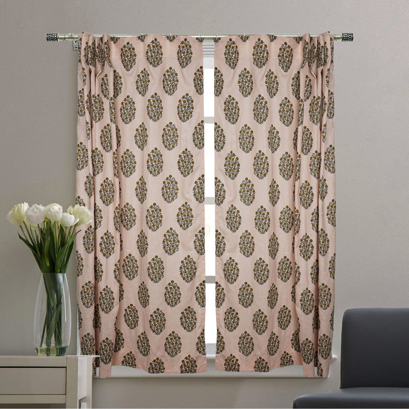 Rideau en lin gris et moutarde à motif floral imprimé à la main Guldasta, L 54 po x L 36 po