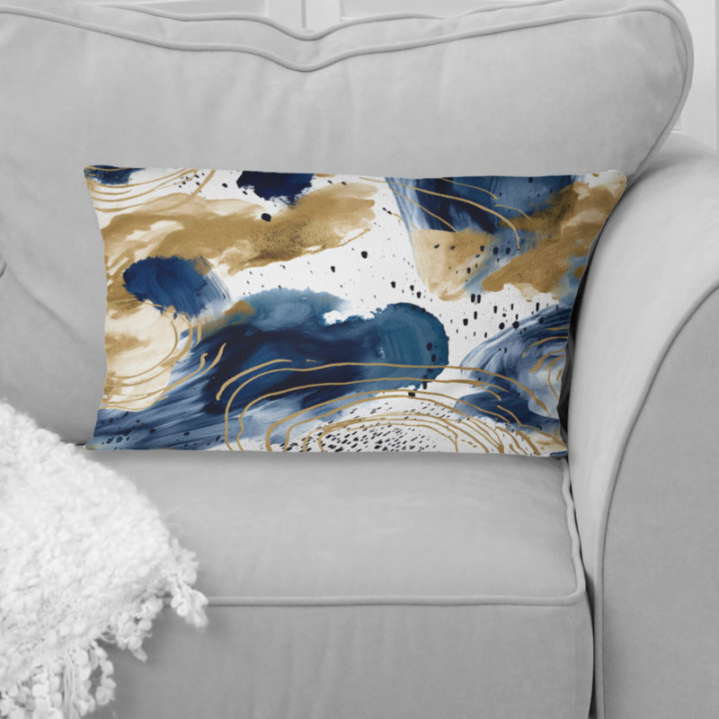 Coussin décoratif à motif abstrait avec textures bleues et dorées II - Abstract Collages