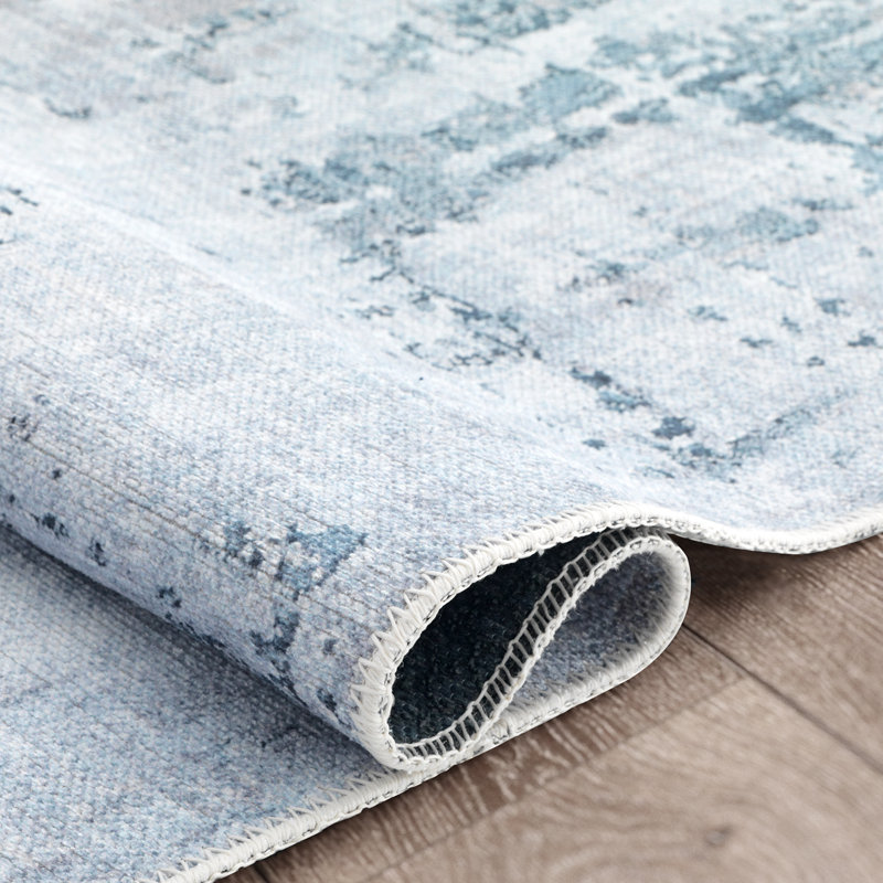 Tapis gris / bleu en chenille tissé à la machine Xadiel, Rectangle 6 pi 6 po x 9 pi 6 po