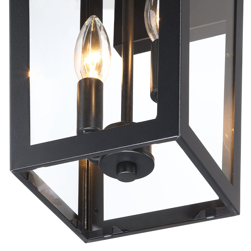 Applique murale d'extérieur moderne de style ferme, noire, à 2 lumières, 46 cm (18,13 po), avec verre transparent et fond ouvert.