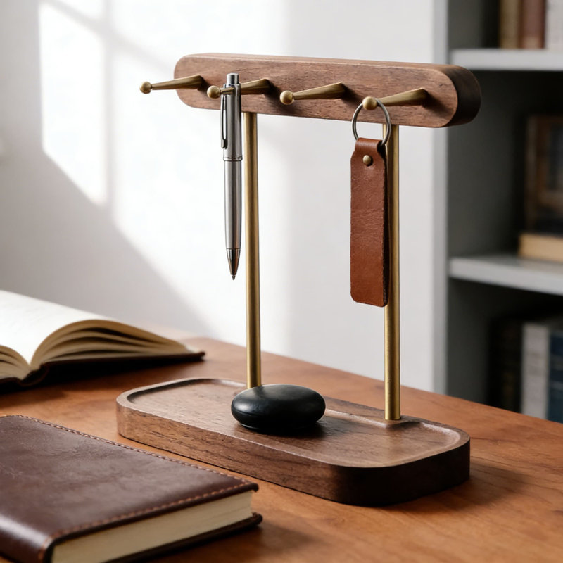 Modern Key Holder Stand With Walnut Wood Base And Brass Hooks, Compact Tabletop Organizer For Keys Jewelry Sunglasses And Small Essentials, Home Decor Storage Tray