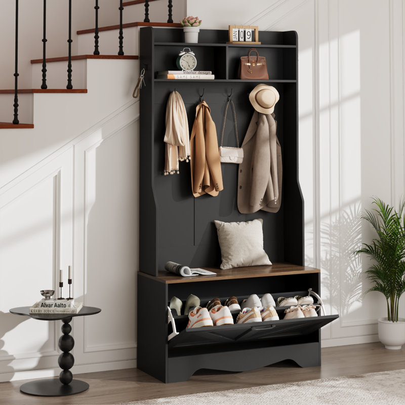Entryway Hall Tree with Bench, Coat Rack, and Shoe Cabinet - Farmhouse Style with Flip Drawers and Organizer, Black
