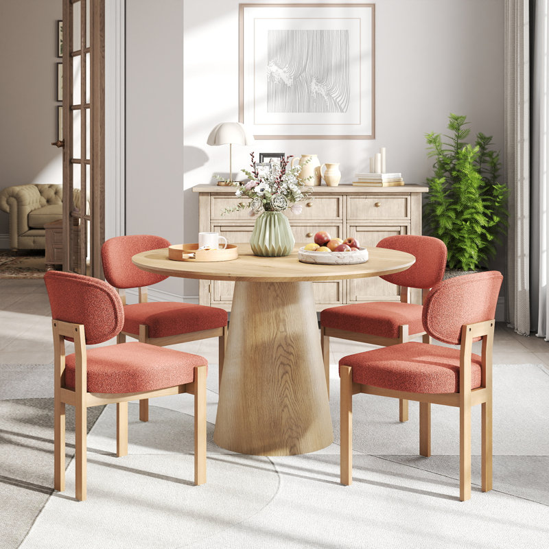Mid Century Wooden Round Pedestal Dining Table Sets, 5 Pieces: Table, 4 Chairs, Orange, Wood