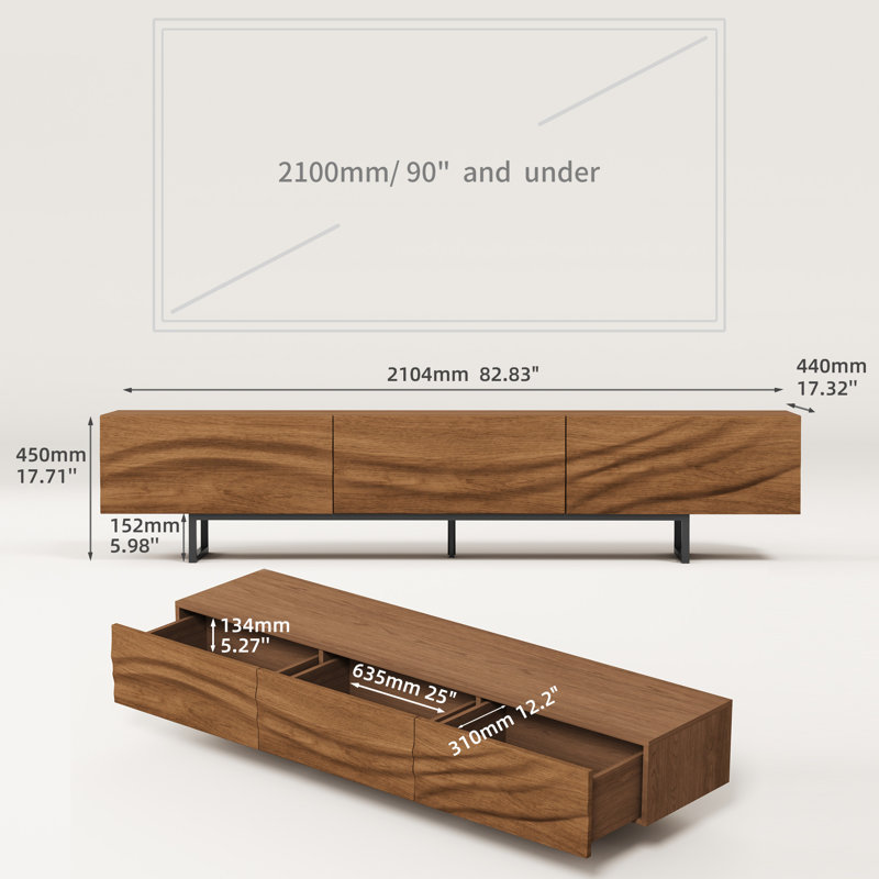Modern Solid Wood TV Stand with Hidden Handles Black Metal Legs 3 Drawer Storage Media Console for TVs up to 90 Inches