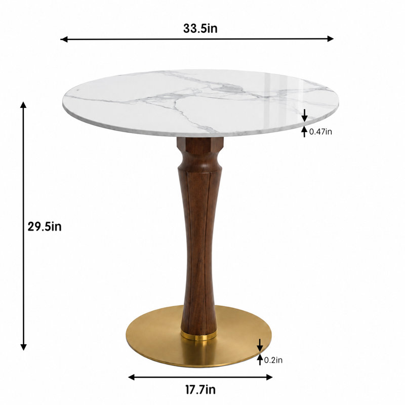 33.5" Round Sintered Stone Dining Table with Solid Rubberwood Pedestal Base and Stainless Steel Bottom, Modern Dining Table for 2-4 People