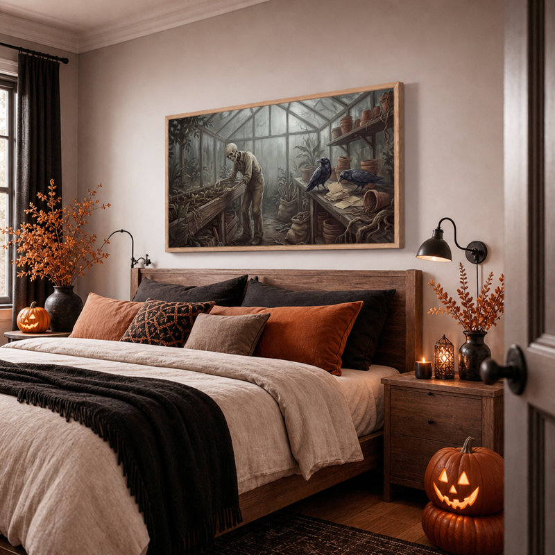Squelette jardinier s'occupant de semis dans une serre - Toile murale d'Halloween