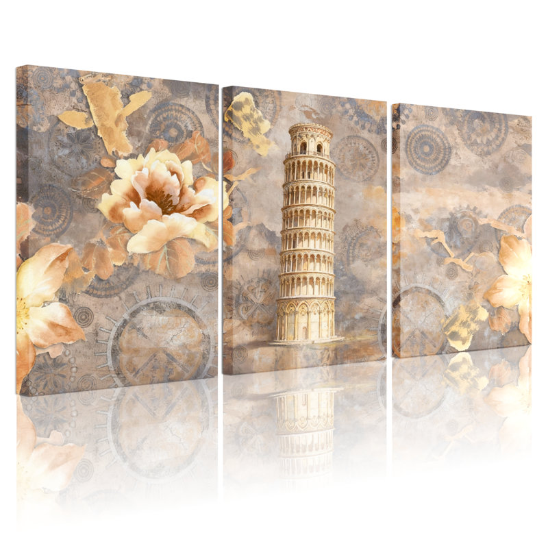 Ensemble de 3 impressions sur toile à motif floral tendance avec tour et horloges, H 18 po x l 36 po