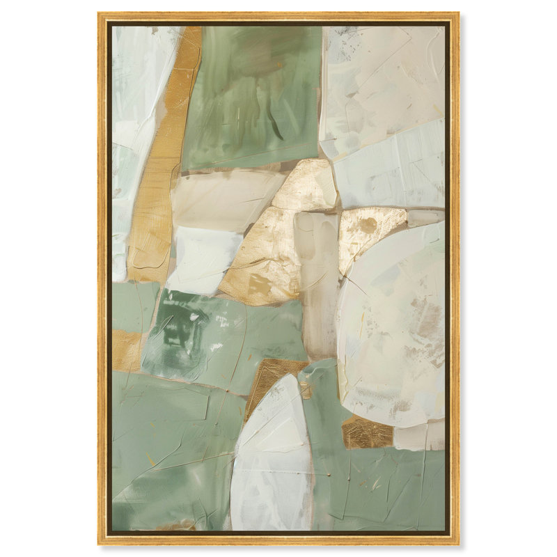 «Sage Green Boho», art mural abstrait élégant par Art Remedy, Encadrement doré, H 55 po x l 37 po