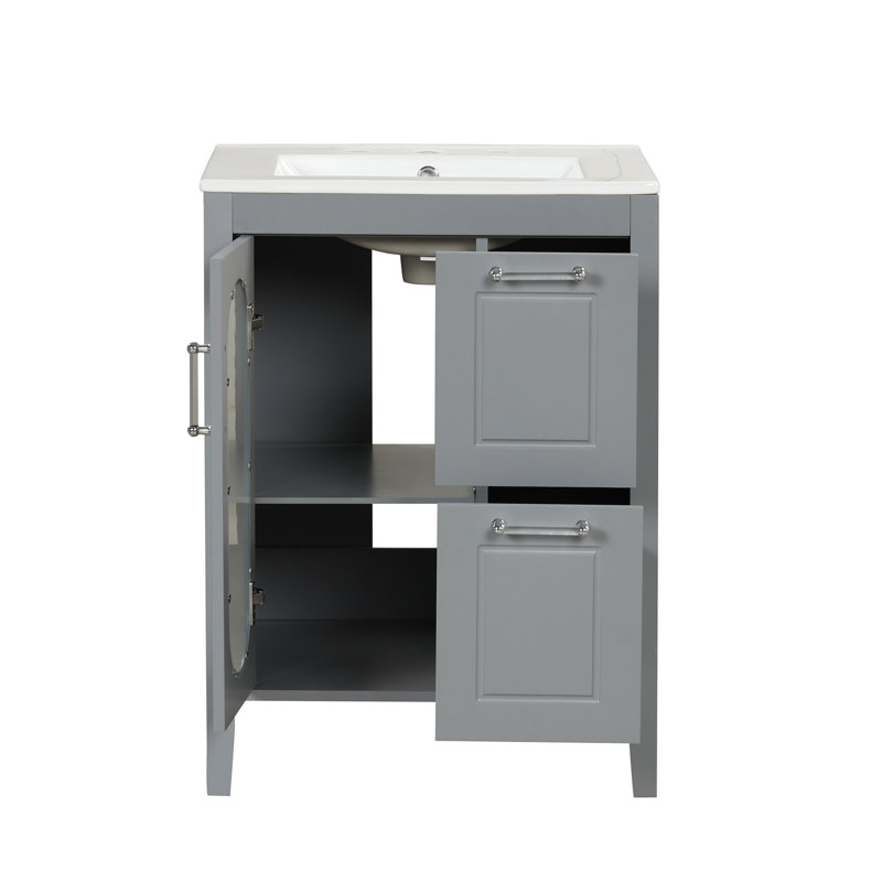 Meuble-lavabo moderne de 24 po en bois massif avec une finition grise, un lavabo avec deux tiroirs et une armoire à tablette réglable