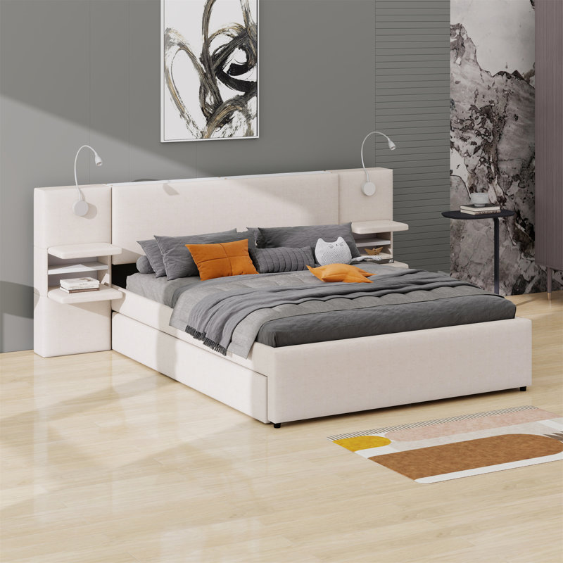 Lit plateforme tapissier avec lampes de lecture, tiroirs, lit gigogne et tablettes