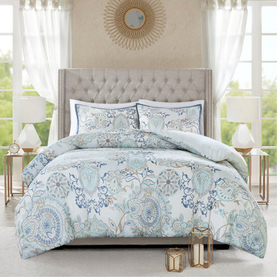 Full/Queen 3 Piece Cotton Floral Printed Reversible Duvet Cover Set