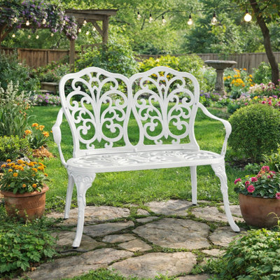 Banc de jardin en fonte d'aluminium avec motif floral rose, blanc