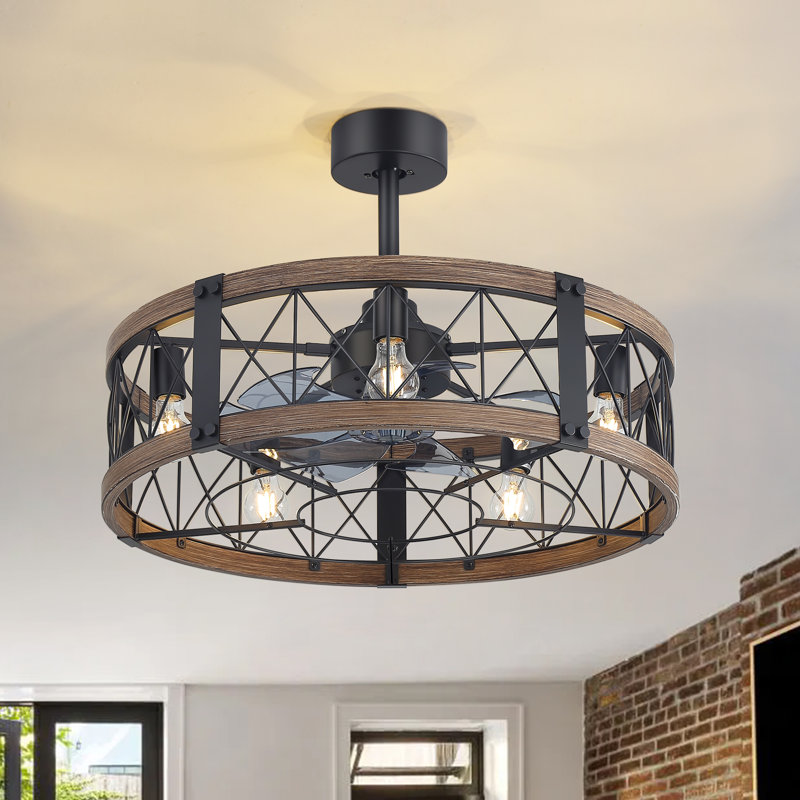 28" Farmhouse Caged Ceiling Fans With Lights, 6 Speeds, Rustic Low Profile Ceiling Fan With Light And Remote, Bladeless Ceiling Fans With Lights For Kitchen, Bedroom