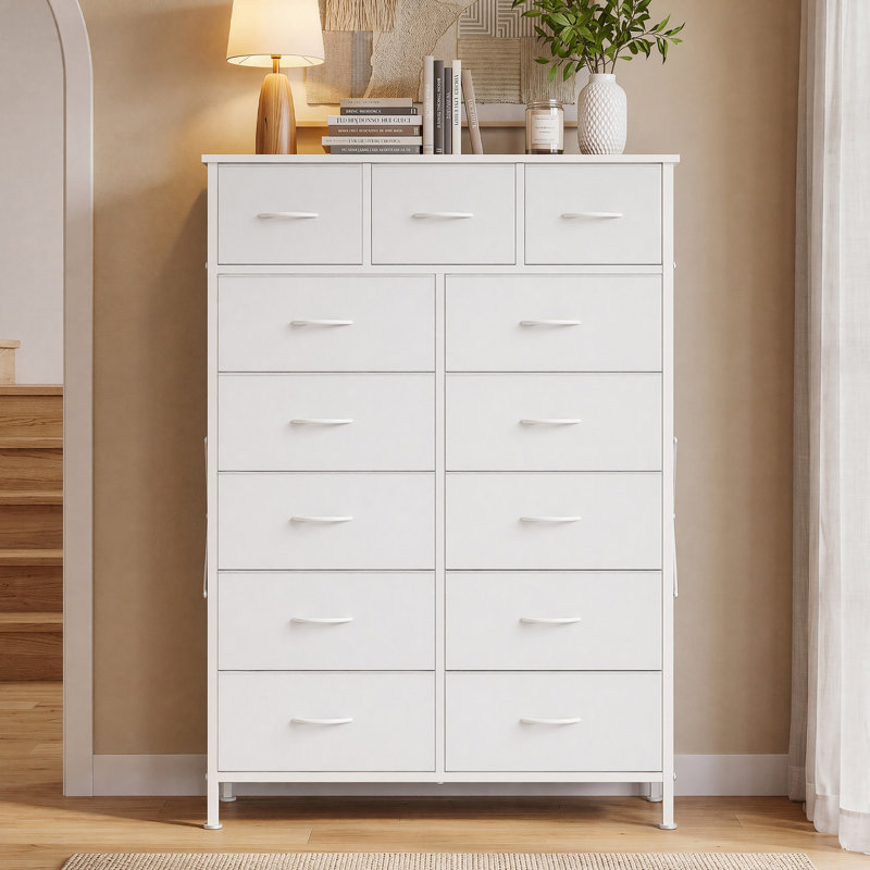  Commode haute 13 tiroirs en tissu, tour de rangement moderne, Blanc