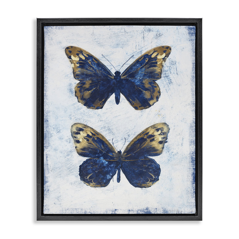 Gold & Blue Butterfly Framed Floater Canvas Wall Art by Filippo Ioco, 31" H x 25" W, Jet Black Floater Frame