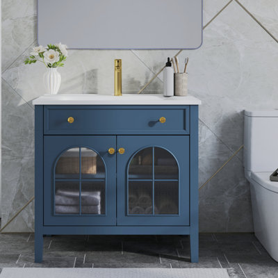 35.6" Single Bathroom Vanity With Ceramic Sink & Top, Mid-Century Bath Vanity With Patterned Glass & Motion-Sensor Light Strip, Farmhouse Bathroom Storage Cabinet With Shelf, Blue