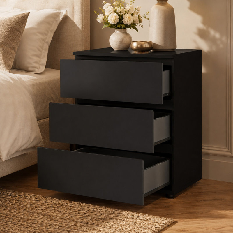 32.3" H Minimalist Nightstand Set of 2, 3-Drawer Bedside Cabinet with Handleless Front, Noir