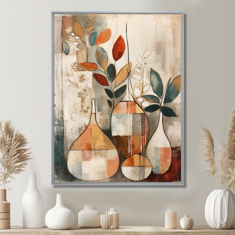 Ruhani vert et beige canalisant les vibrations bohémiennes sur toile, H 44 po x l 34 po, Encadrement argenté