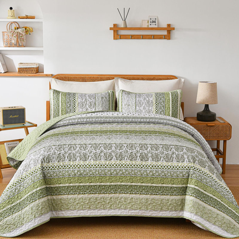 Ensemble de courtepointe 3 pièces Boho, Courtepointe pour lit grand + deux taies décorati, Vert sauge