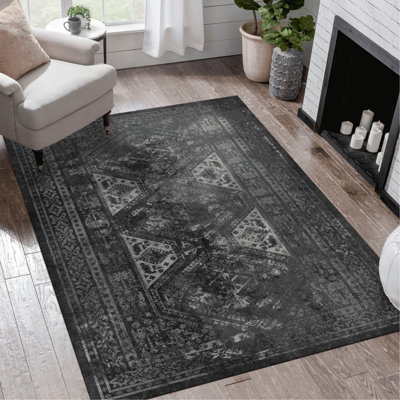 Tapis 9 x 12, lavable, antidérapant, teint pour la chambre à coucher, le salon, la cuisine - noir gris Bureau à poils courts antidérapants, pièce noir / gris