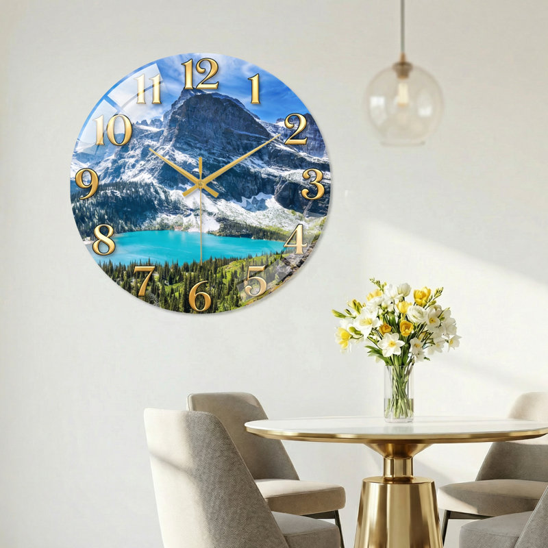 "Mountain Lake", horloge murale en verre, 60 x 60 cm (23,6 x 23,6 pouces)