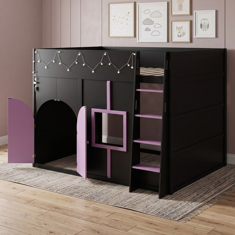 Lit mezzanine en bois avec guirlande lumineuse et échelle, Black