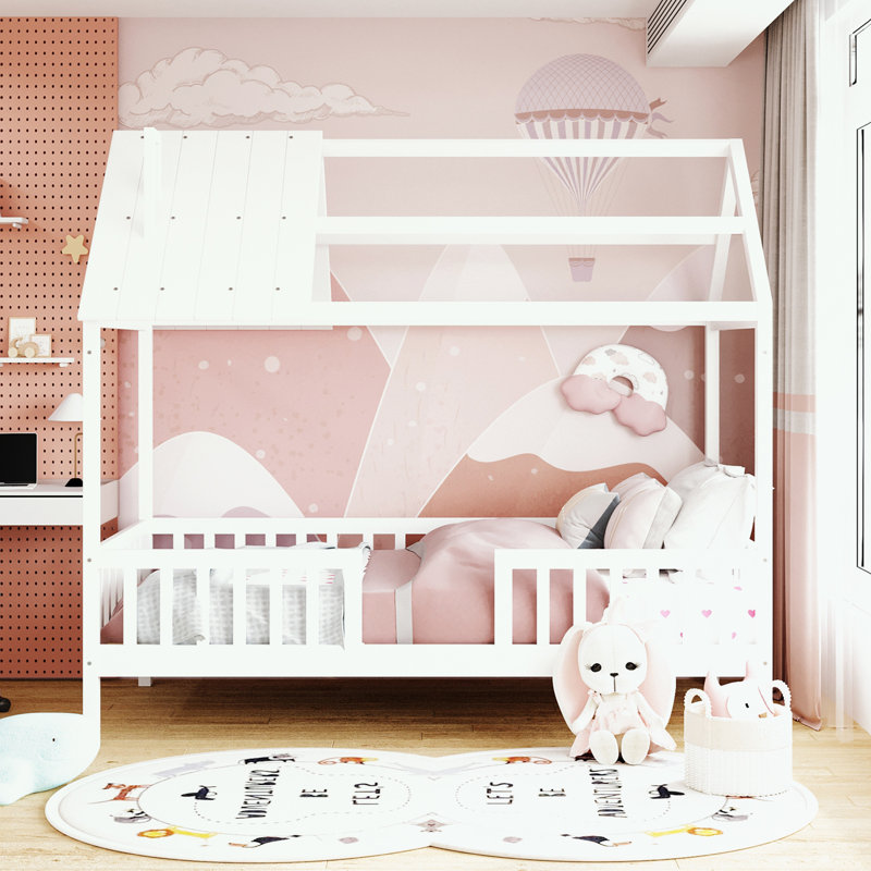 Lit simple en bois avec clôture, Blanc