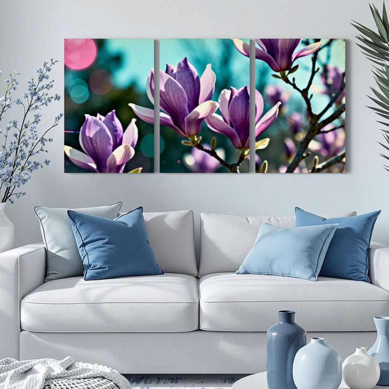 Ensemble de 3 tableaux sur toile tendue représentant des fleurs de magnolia violet, pour la décoration du salon et de la chambre.