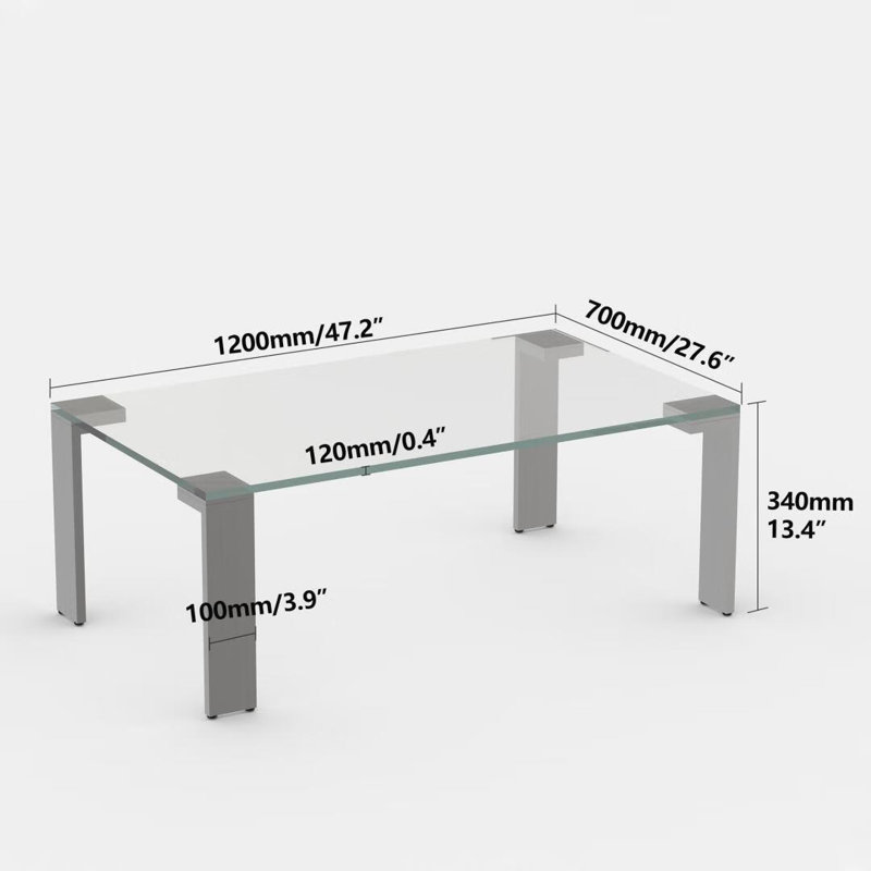 Table basse moderne en verre trempé de 47,2 pouces avec pieds en métal robustes pour le salon et le bureau