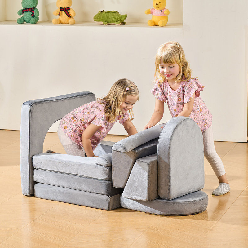2-In-1 Kids Sofa, Foldable Toddler Soft Couch With Armrests, Glow In The Dark Kids Couch Fold Out With 28D Sponge & Flannel, Convertible Toddler Chair To Lounger For Reading And Gaming, M, Gray