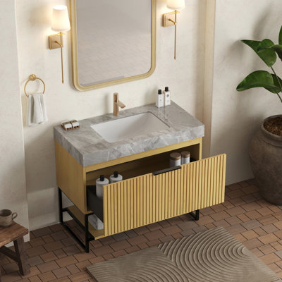 Meuble-lavabo de 91 cm (36 po) avec comptoir en pierre frittée grise, lavabo encastré en céramique, armoire en contreplaqué de chêne, tiroir et tablette ouverte, robinetterie standard, meuble-lavabo spacieux et autoportant