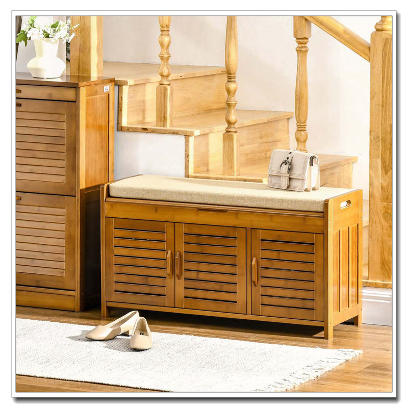 Banc à chaussures en bambou avec armoires de rangement et coussin de siège