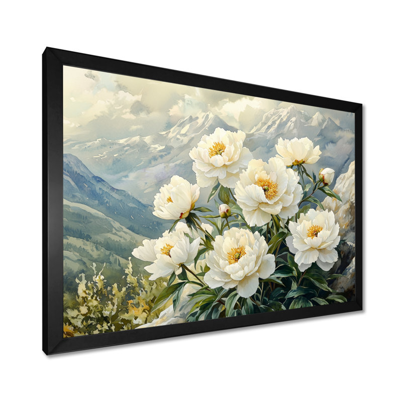 Pivoines près de la crête de montagne III - pivoines, art mural, H 12 po x l 20 po, Cadre simple noir