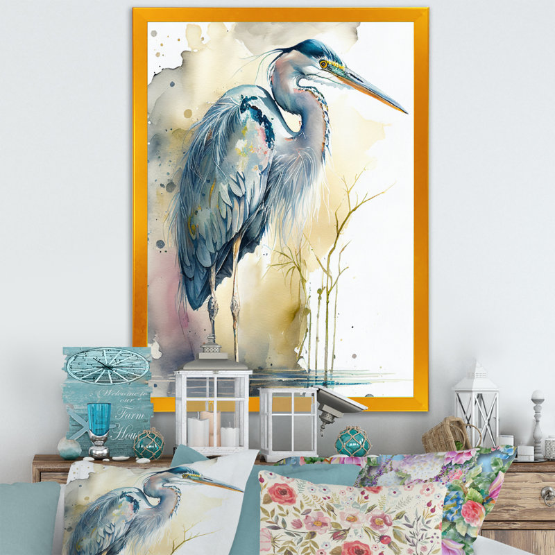 Héron au bord de l'eau, aquarelle III - héron, art mural, H 32 po x l 16 po x P 1 po, Impression dorée sur toile encadrée
