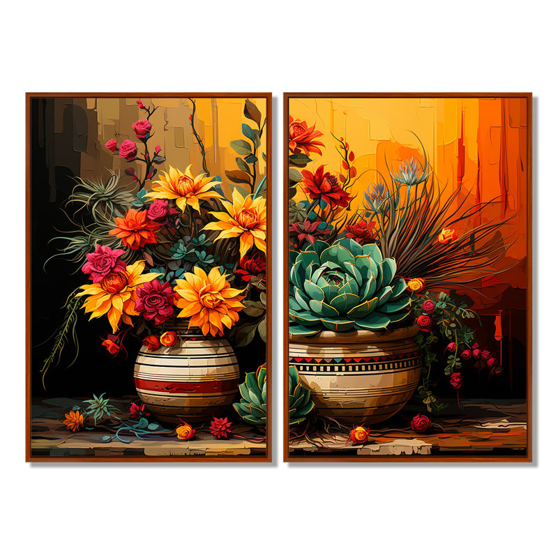 Boho, poterie florale mexicaine - impressions géométriques sur poterie, 36" H x 48" W, Framed Print without Mat, Brown
