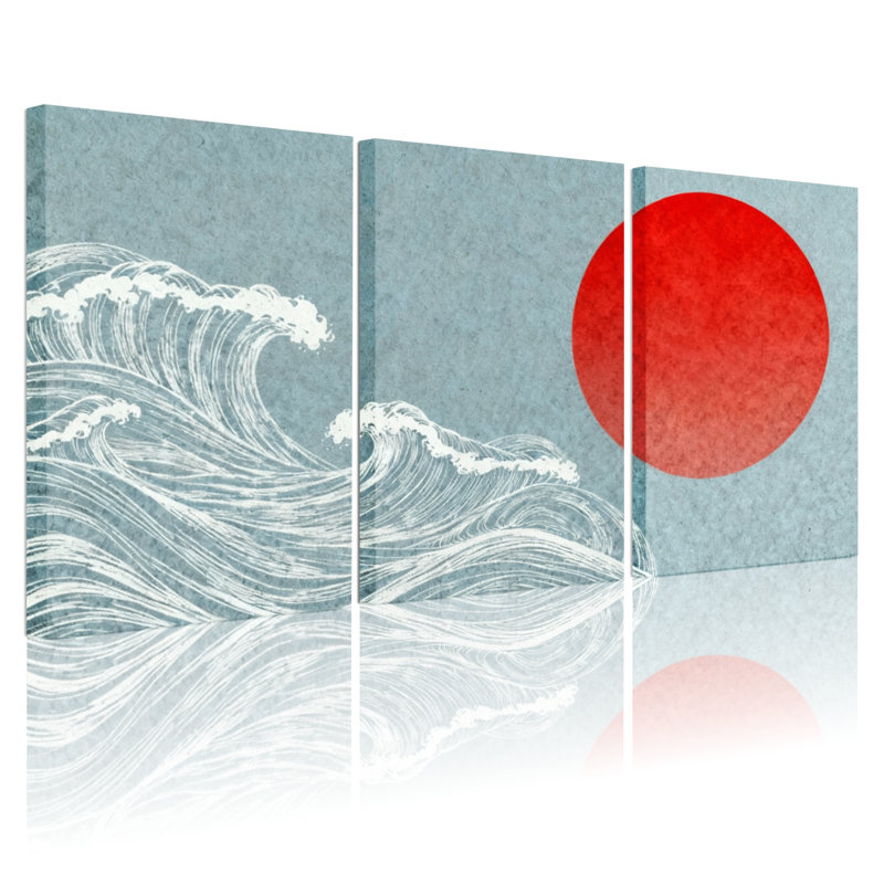 Ensemble de 3 impressions sur toile, "Nautical & Beach Wave" sur fond de soleil rouge, H 18 po x l 36 po