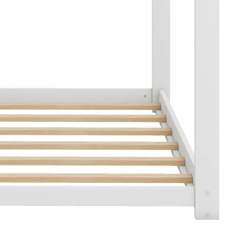Lit simple en forme de maison au sol, structure de lit basse en bois massif avec toit, Blanc