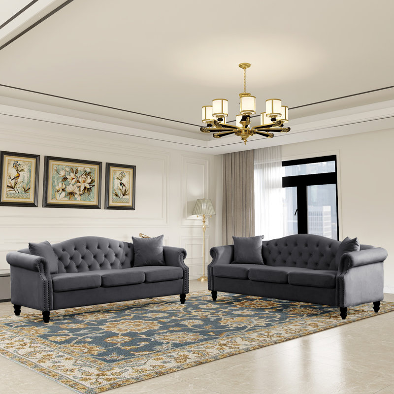 Ensemble de canapé chesterfield capitonné 2 pièces Krislyn, Velours gris velours