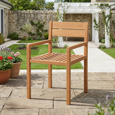 Fauteuil de salle à manger d'extérieur en bois de teck massif, surface à lattes résistante à l'eau et accoudoirs ergonomiques incurvés, convient aux espaces de patio, de cour, de terrasse, de porche, de jardin, de piscine
